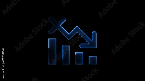 Blue Neon Graph with Downward Arrow and Bars on Black Background chart data