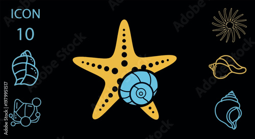 Starfish and Seashell Line Icon Set for Marine and Summer Design