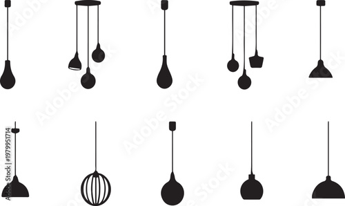 Minimal pendant ceiling lamp silhouettes on transparent background vector icon set