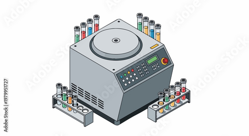 Isometric Laboratory Centrifuge Machine with Colorful Test Tubes and Samples - Vector Illustration