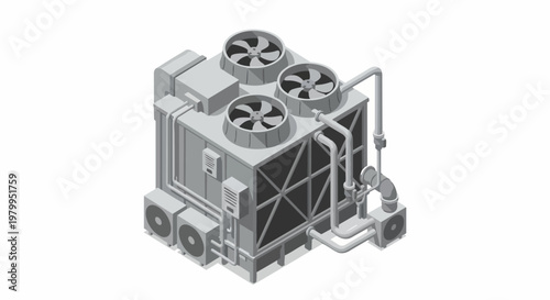 Isometric Industrial HVAC Cooling Tower and Chiller System Illustration for Data Centers and Commercial Infrastructure