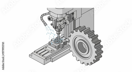 Isometric technical illustration of industrial metal drilling and milling machine process with gear