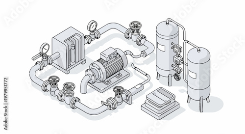 Isometric Line Art of Industrial Pumping System with Electric Motor, Storage Tanks, Piping, and Control Valves