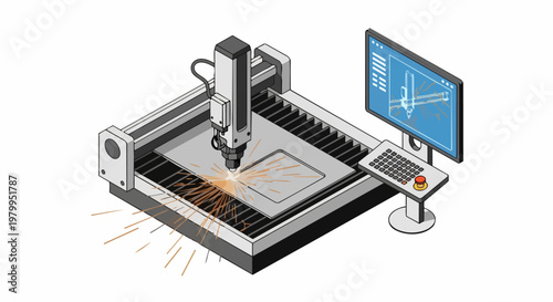 Isometric Vector Illustration of a CNC Laser Cutting Machine Processing Metal Sheet in a Modern Industrial Workshop