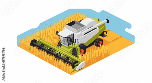 Isometric Combine Harvester Working in a Golden Wheat Field - Modern Agricultural Vector Illustration