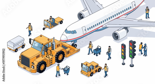 Isometric Illustration of Airport Ground Crew and Airplane Operations with Pushback Tractor and Luggage Services
