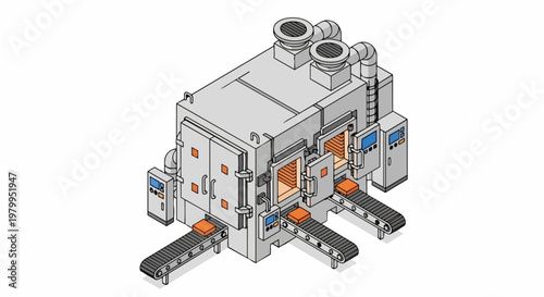Isometric Industrial Furnace Kiln with Conveyor Belt System for Automated Manufacturing and Processing