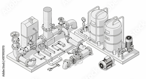 Industrial Piping System Isometric Line Art Illustration - Mechanical Engineering and Factory Equipment Design
