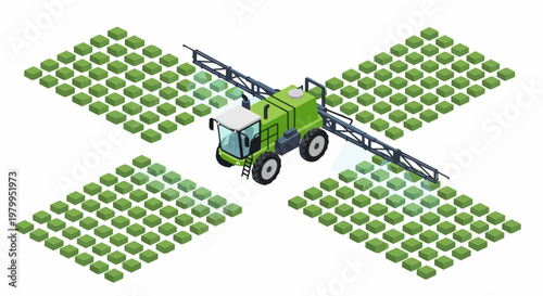 Isometric Green Agricultural Tractor Spraying Crops with Boom Sprayer for Smart Farming