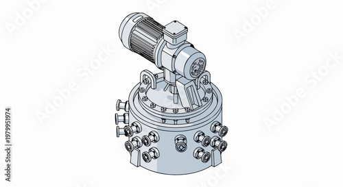 Isometric Technical Illustration of an Industrial Chemical Reactor with Agitator and Electric Motor Drive for Pharmaceutical and Chemical Manufacturing