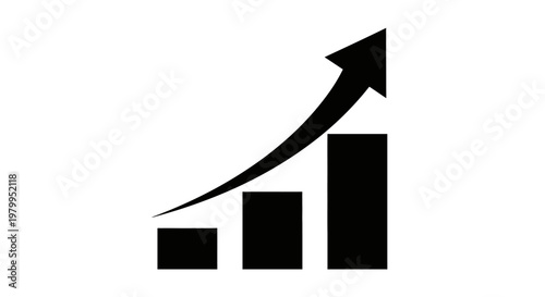 Black bar graph with upward arrow showing positive growth and progress
