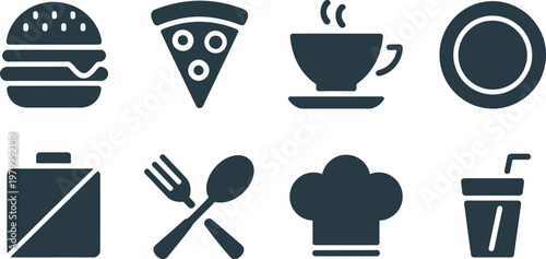 Collection of dark food and restaurant icons featuring burgers pizza coffee and essential dining tools