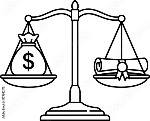 Vector illustration of a balance scale comparing the value of higher education, symbolized by a diploma, with financial wealth, depicted by a money bag, representing life's choices
