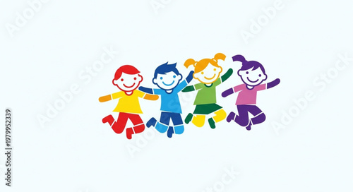 Happy Diverse Children Jumping Together in Colorful Clothes.