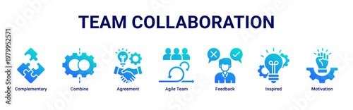Team Collaboration devops banner with teamwork,feedback and communication icons for agile culture and team synergy