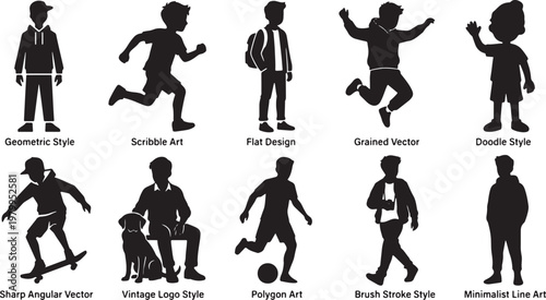 Ten Distinct Vector Styles of a Boy Silhouette Featuring Geometric Scribble Flat Grained Doodle Sharp Angular Vintage Polygon Brush Stroke and Minimalist Line Art Designs