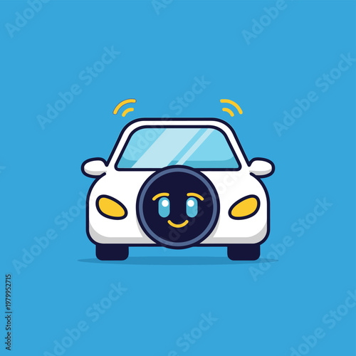 Cute Autonomous Car with Smiling AI Face and Wireless Signals.