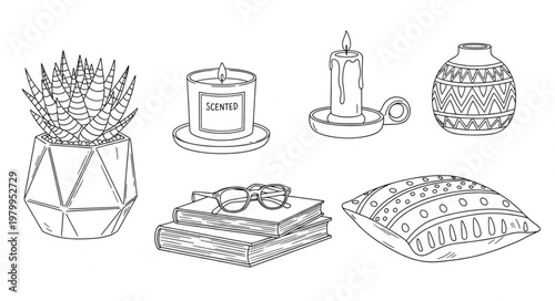 Hand-drawn sketch of cozy home decor items.