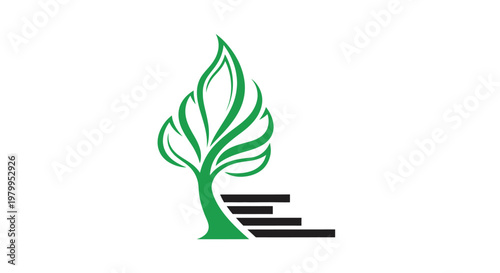 Green tree growing upwards alongside steps, symbolizing growth and progress.