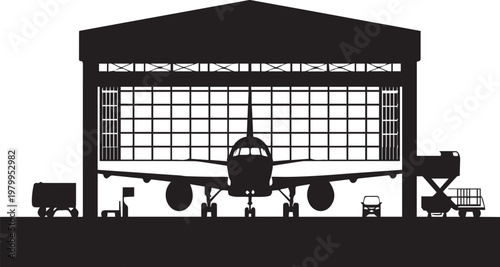 Black silhouette airplane in hangar on transparent background vector graphic