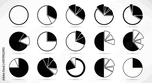 Collection of simplified pie chart icons showing data segmentation and analysis