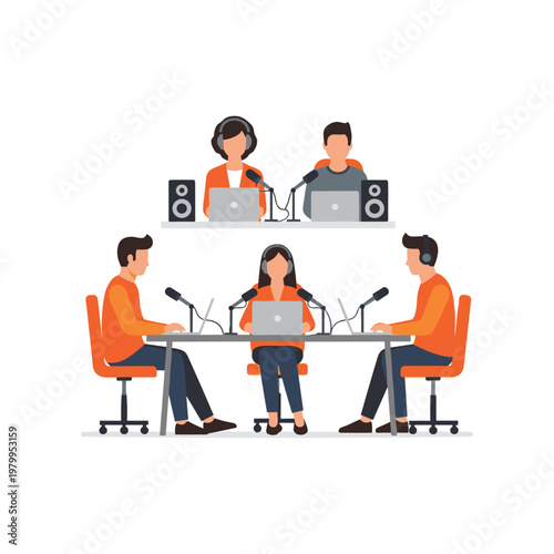 Team participating in a virtual and in-person meeting with laptops and microphones