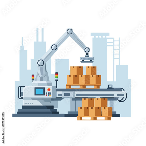 Robotic arm in factory loading boxes onto conveyor belt, automated logistics, industrial automation