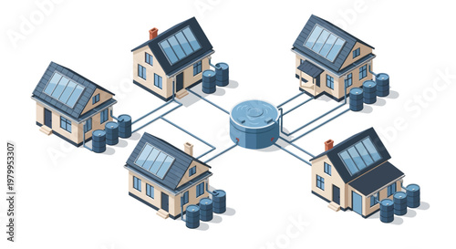 Isometric vector design showing rainwater harvesting for water conservation with houses connected to a central system, depicted on a white background conveying a clean and sustainable