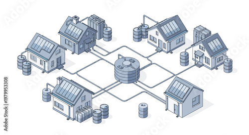Isometric vector illustration depicting an interconnected rainwater harvesting system for water conservation infrastructure, showing houses linked to a central tank and individual storage