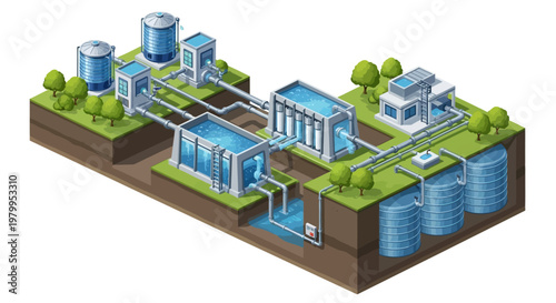Isometric vector illustration depicting a rainwater harvesting system for water conservation infrastructure, showcasing an environmentally conscious design with tanks and pipes
