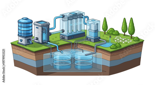 Isometric vector rendering of a rainwater harvesting system illustrating water conservation infrastructure with underground storage tanks, depicted against a cutaway earth background