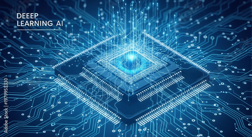 Close up futuristic microchip central processing unit.