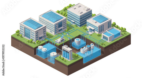 Isometric vector art showcasing a rainwater harvesting system for water conservation infrastructure, featuring tanks and pipes beneath modern buildings in an earth day concept illustration