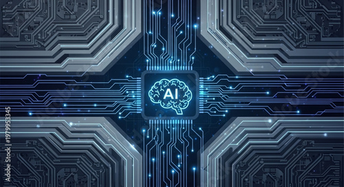 Close up AI processor microchip with intricate circuitry.