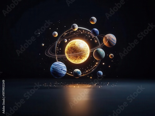 Wallpaper Mural Floating ring of planets orbiting golden sun in minimalist dark background Torontodigital.ca