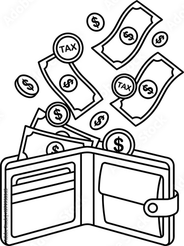 Outline illustration of paper money and coins, some marked 'TAX,' falling into an open wallet, representing concepts of financial income, payments, taxation, and economic transactions
