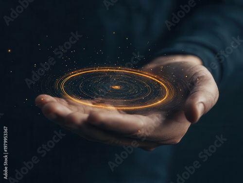 Wallpaper Mural Human hand holding glowing orbits of entire solar system, divine creation metaphor Torontodigital.ca