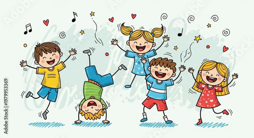 Happy Children Dancing and Playing Together with Music Notes.