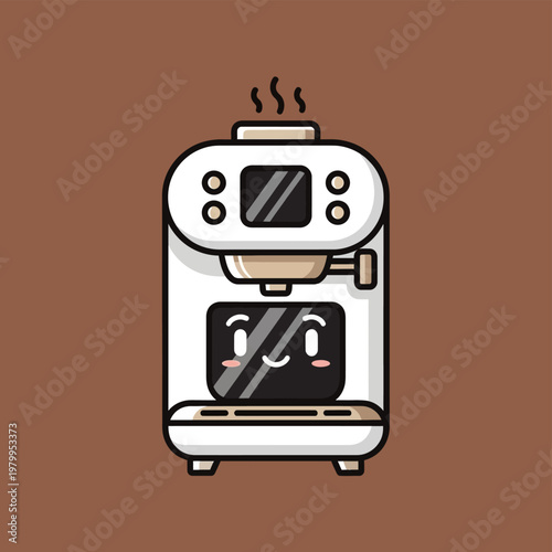 Cute cartoon coffee machine with a happy face.