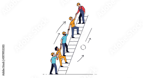 Diverse people climbing up and down stairs with arrows indicating movement and progression
