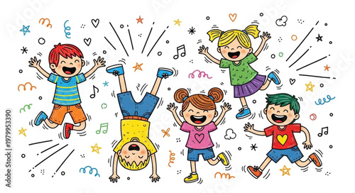 Happy Children Dancing and Jumping with Joyful Expressions.