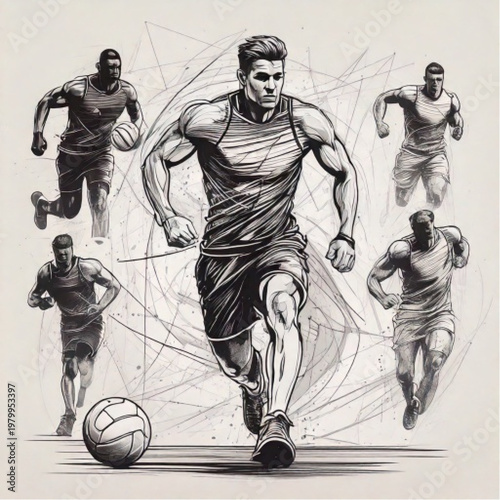 Muscular Soccer Player Dribbling Ball with Teammates in Motion.