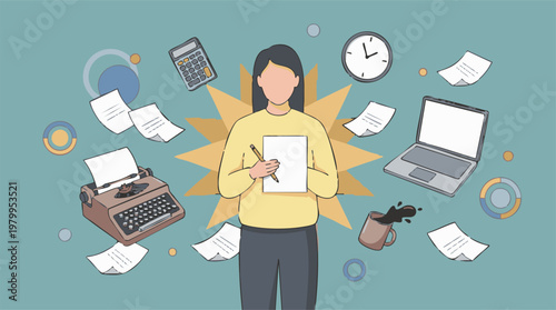 Professional managing multiple tasks surrounded by office tools and papers