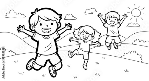 Happy Children Jumping Joyfully Outdoors in a Sunny Meadow.