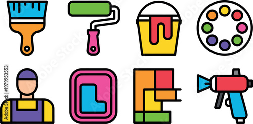 Colorful icons of painter tools and supplies on white background