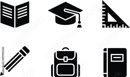 Set of black educational icons featuring books graduation cap ruler pencil backpack and a small notebook