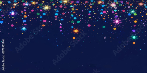 Shiny abstract winter background with glowing Christmas lights, blue star particles, and holiday snowflake art for a bright Xmas celebration wallpaper design
