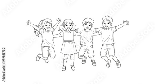 Happy Children Jumping Together in a Line.