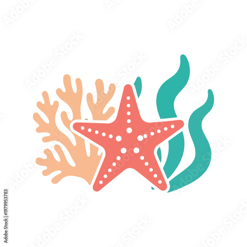 Schilderij op canvas Starfish and Coral Vector Illustration with Seaweed in Flat Cartoon Style for Su