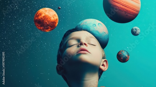 Wallpaper Mural Surreal dreamscape with planets orbiting child s head in sleep, imagination and cosmos Torontodigital.ca